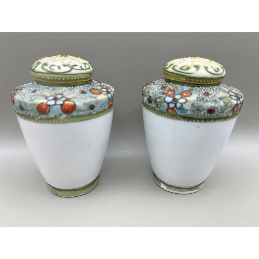 Vtg Porcelain Moriage Hand Painted Salt and Pepper Shakers Floral Green 3